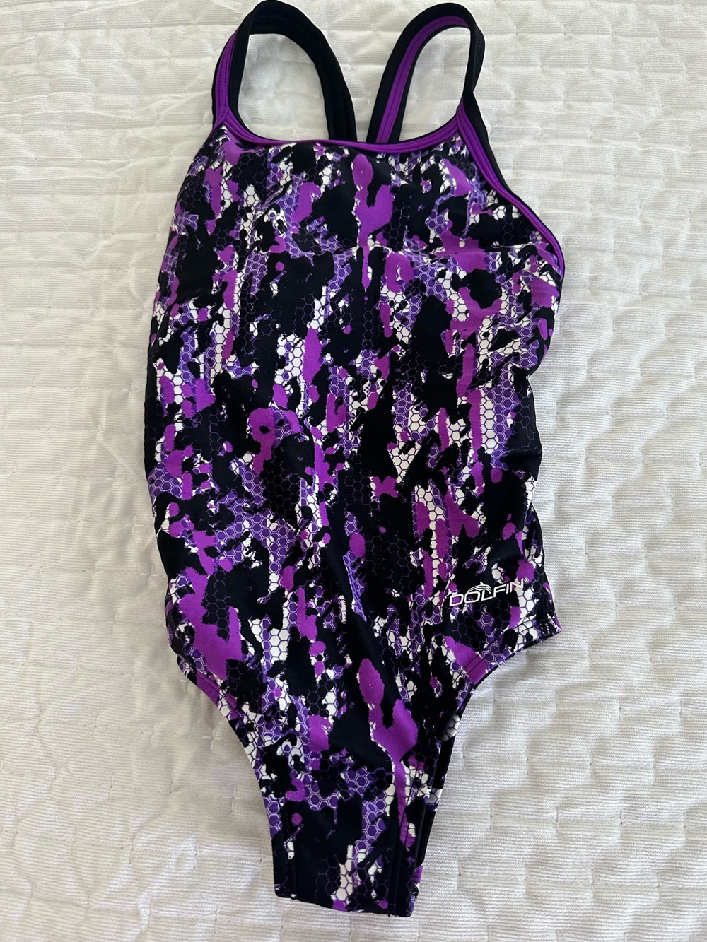 Dolfin Purple and Black Camo-Print Girls One-Piece Swimsuit size 22